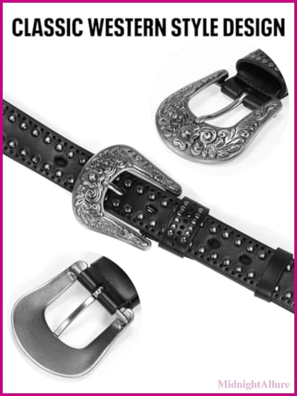 Western Studded Full-Grain Leather Belt Silver Buckle M